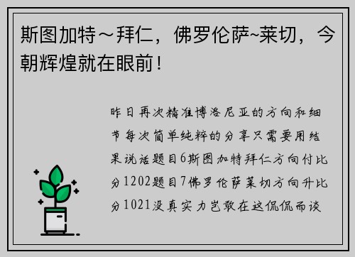 斯图加特～拜仁，佛罗伦萨~莱切，今朝辉煌就在眼前！