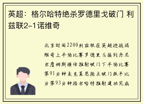 英超：格尔哈特绝杀罗德里戈破门 利兹联2-1诺维奇